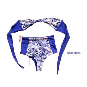 Aloe Bandeau Swim Top & High Waisted Bottom Reversible Set Women Size M